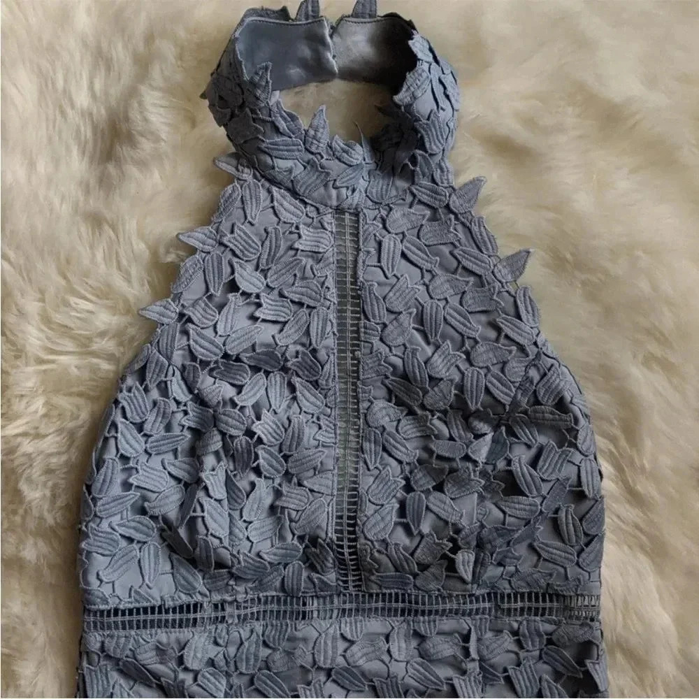 Bardot Gemma Dress in Dusty Blue 4 Revolve Lacy Classy Embroidered Floral EUC - Picture 6 of 12
